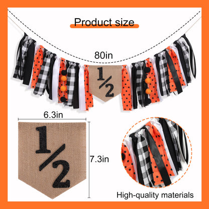 Halloween Half Birthday Highchair Banner - Black Orange Girls Half Birthday Banner, Spooky 1/2 Cake Smash Photo Backdrop, Fall Thanksgiving Day 6 Months Party Supplies