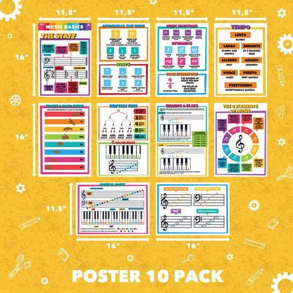 Sproutbrite 10 Pack 11.5"x16" Pack Music Posters for Classroom – Music Classroom Decor for Elementary, Middle and High School - Builds Understanding of Musical Fundamentals