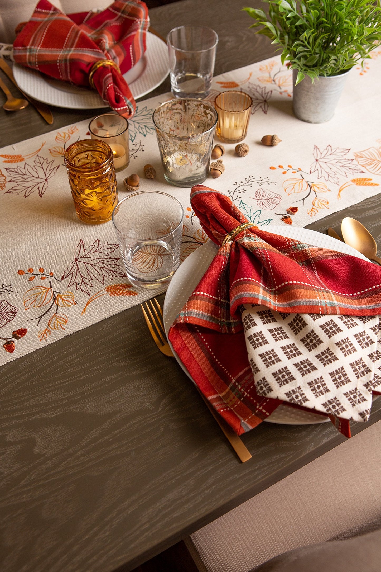 DII Autumn Pumpkin Spice Kitchen Collection Fall/Thanksgiving Cotton Table Décor, Square Napkin Set, 20x20, Orange Plaid, 6 Piece