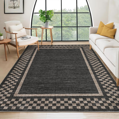 Small Bedroom Area Rug 3x5 Checkered Area Rug for Living Room Nursery Non Slip Kitchen Throw Carpet Low Pile Modern Bordered Rugs Washable Bathroom Mat Soft Brown Rugs for Laundry Entryway, Black