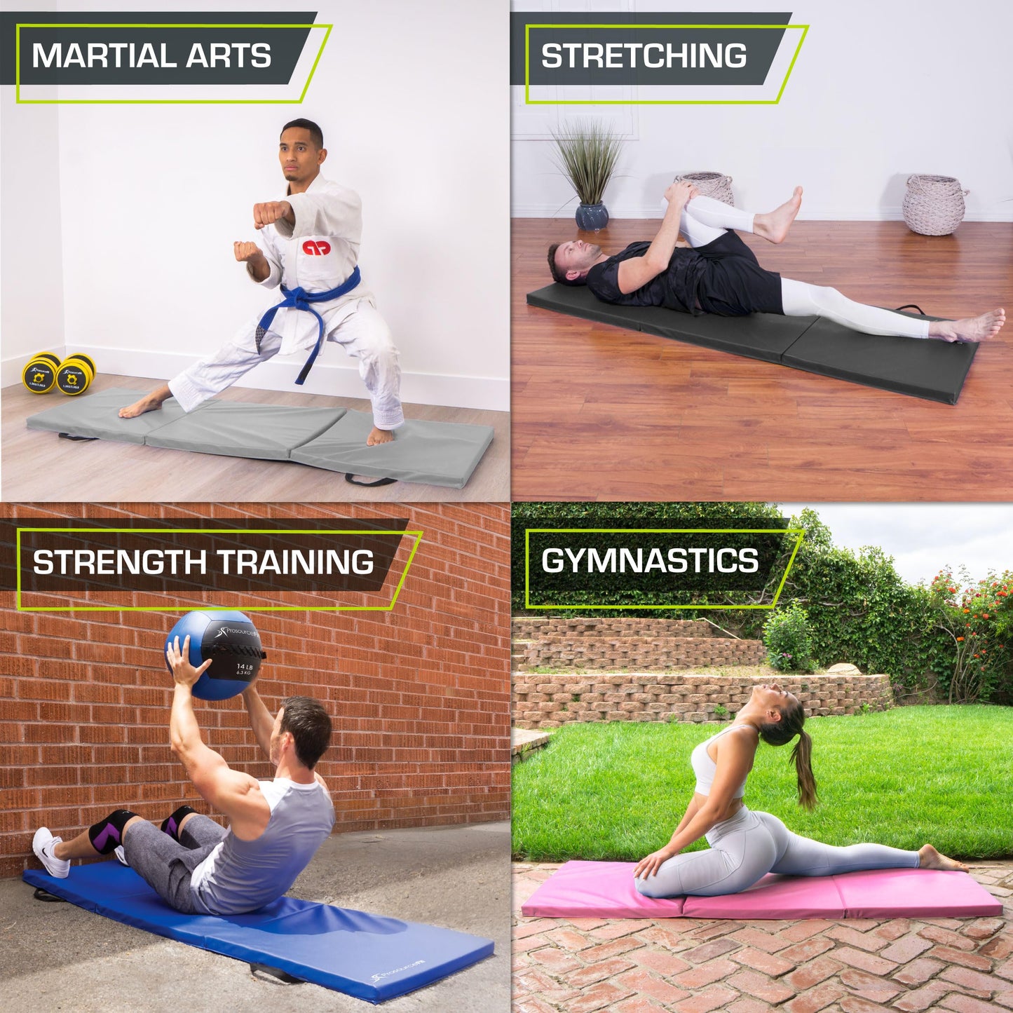 ProsourceFit Tri-Fold Folding Thick Exercise Mat 6’x2’ with Carrying Handles for MMA, Gymnastics Core Workouts, Black