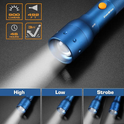 EverBrite Ultra Bright Tactical Flashlight, 900 Lumen Zoomable Adjustable Focus, 3 Light Modes, Heavy-Duty Aluminum Torch for Hurricane Supplies Camping, Includes 3C Alkaline Batteries-Blue
