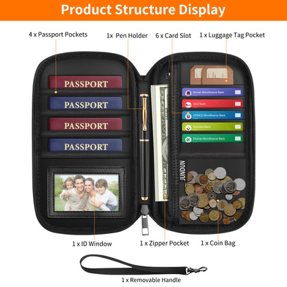JUNDUN 2500℉ Fireproof Family Passport Holder,RFID Blocking Upgraded Material Fireproof Passport Wallet for 4,Travel Document Organizer Case with Zipper for Passport and Card