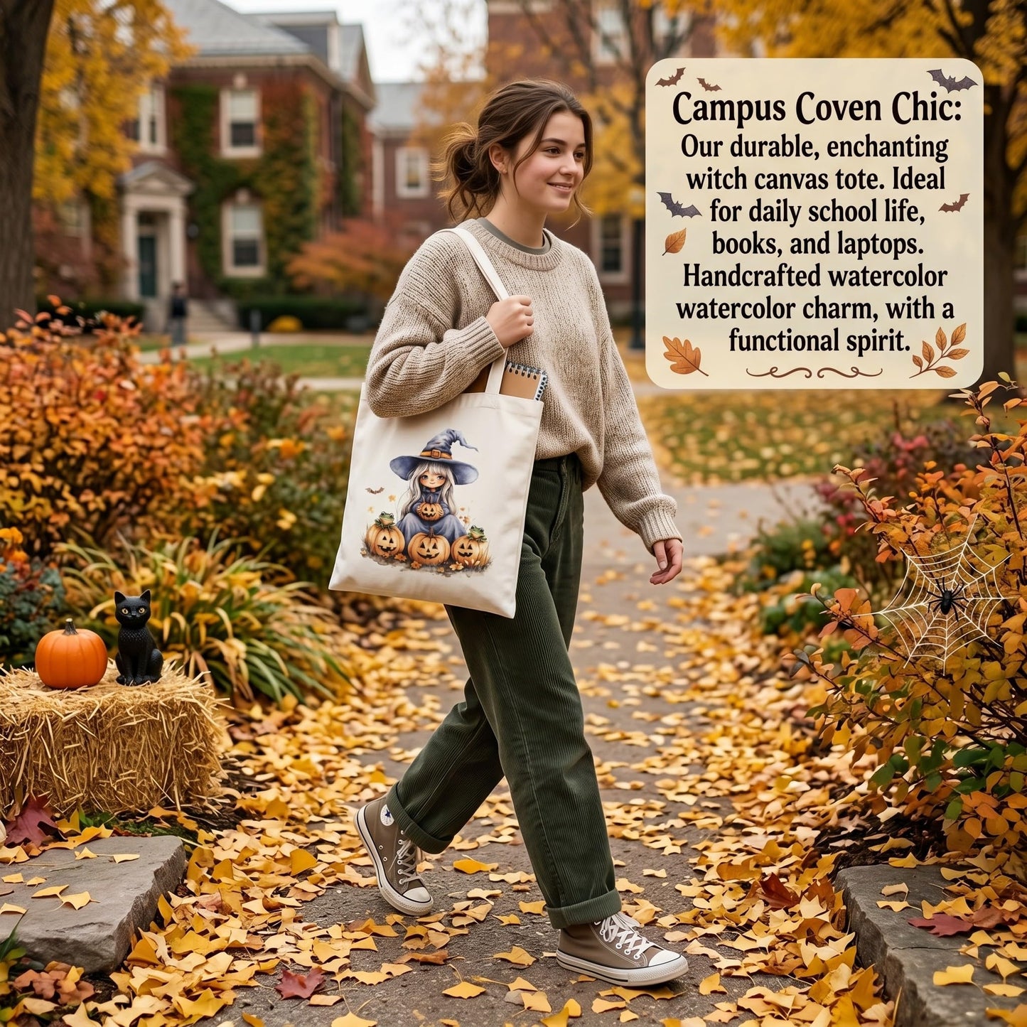 Fall Halloween Tote Bags 2Pcs, Cotton Blend Canvas Tote with Pumpkin Ghost Witch Prints, Reusable Shoulder Bags for Thanksgiving Party Trick or Treat Gift (witch&pumpkin)