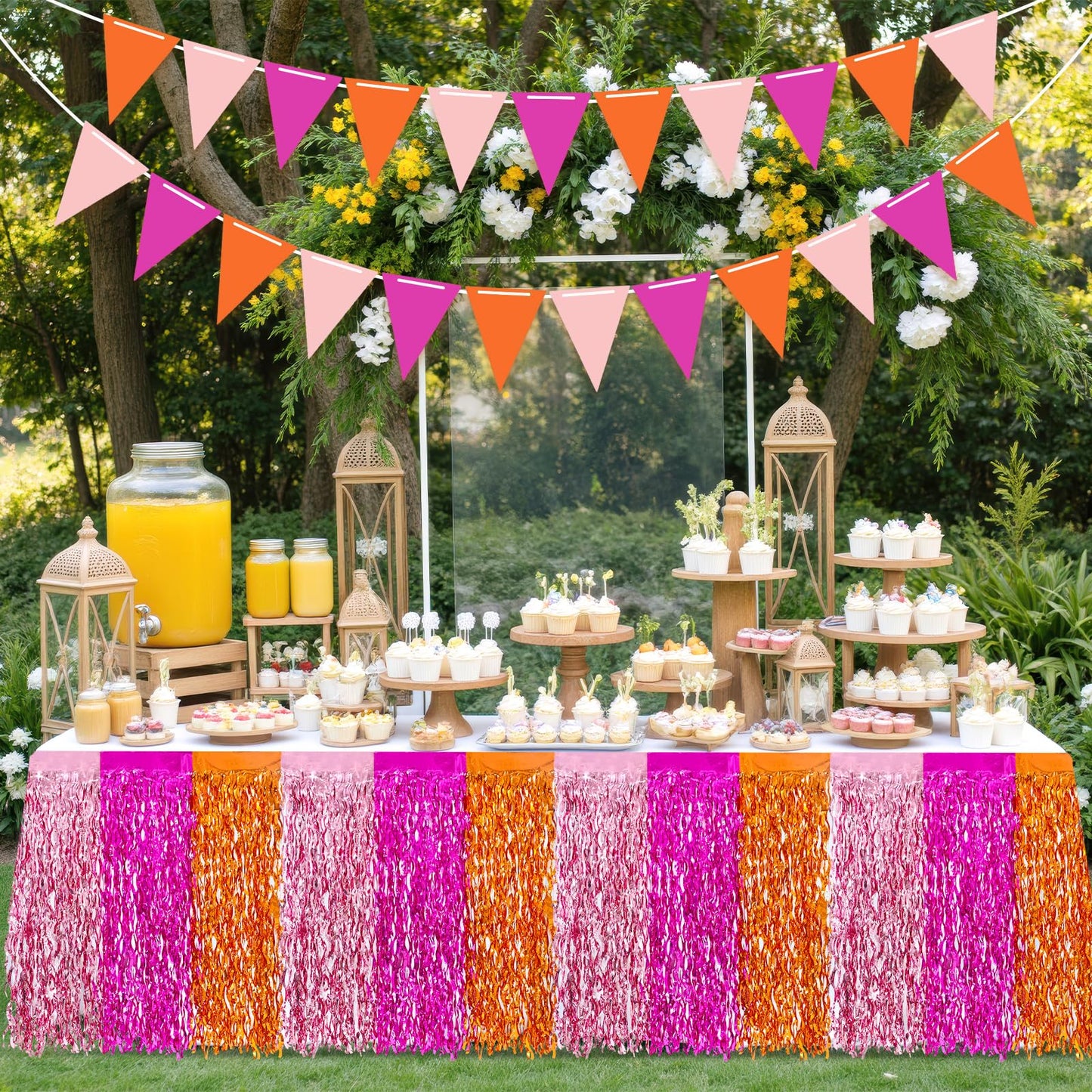 JarThenaAMCS Metallic Tinsel Foil Fringe Table Skirts Light Pink Hot Pink Orange Wavy Disposable Table Skirt 2Pcs Sparkly Party Decor for Parade Floats Wedding Birthday Bride Shower, 29 x 108 Inch