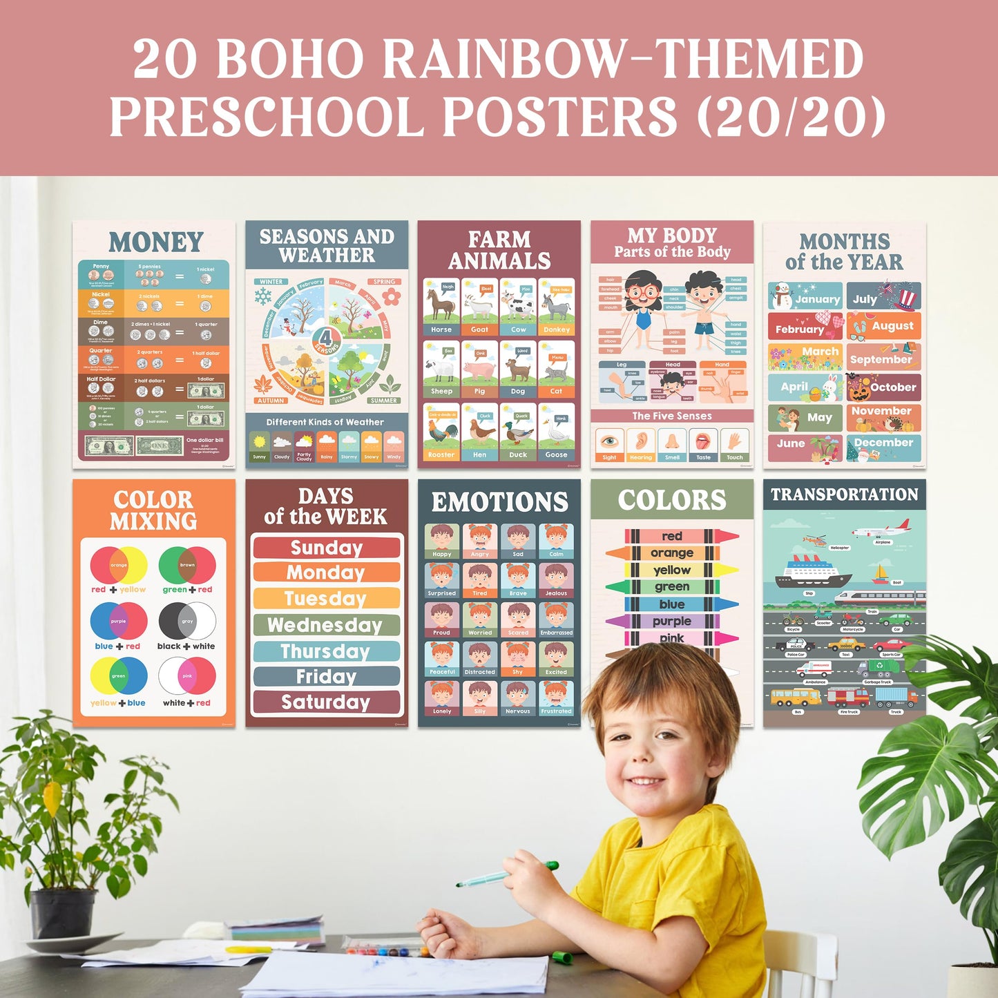 Decorably 20 Boho Learning Posters for Kids Ages 3-5, 11x17in Educational Matte-Laminated for Classrooms, Homeschool, School Hallways, Bulletin Boards