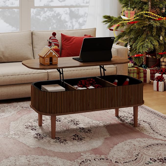 Fluted Lift Top Coffee Table with Hidden Storage, Oval Coffee Table with Lifting Top, Mid Century Modern Design for Living Room, Office & Small Spaces, Walnut