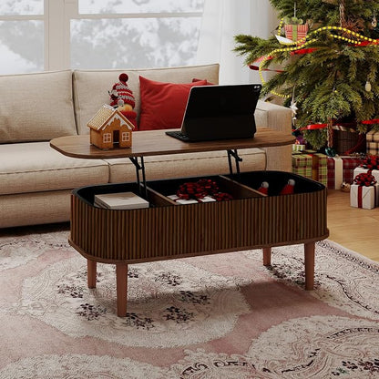 Fluted Lift Top Coffee Table with Hidden Storage, Oval Coffee Table with Lifting Top, Mid Century Modern Design for Living Room, Office & Small Spaces, Walnut