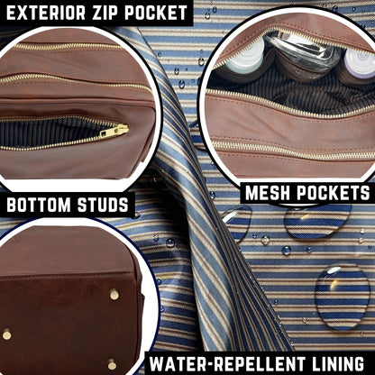 Toiletries bag for men, Premium PU Leather Dopp with Metal Zippers & Bottom Studs, Waterproof Grooming Kit for Men, Mens Birthday Gift, Includes Velvet Dust Bag & Shape-Retention Stuffing / DARK BROWN