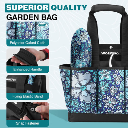 WORKPRO 5PCS Garden Tool Set, Aluminum Heavy Duty Gardening Tool Set with Garden Tool Bag, Outdoor Garden Hand Tools, Floral Blue