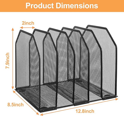 mekueeex 2 Pcs Vertical File Organizer for Desk - Metal Mesh Holder with 5 Compartments, File Folder Rack & Document Storage Stand - 9.3" x 8.5" x 7.9"