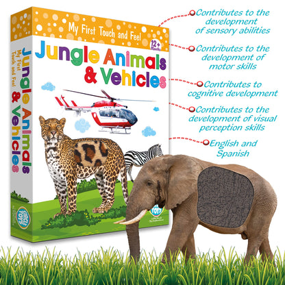 My Touch and Feel English Spanish Bilingual Picture Double Sided Sensory Flash Cards for Infant, Toddlers, Kids, Learn Animals, Fruits, and Vehicles, Fun Learning and Educational Flashcards