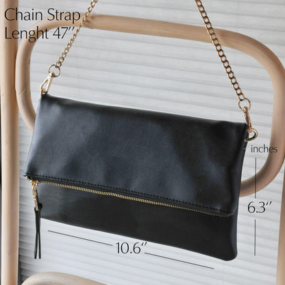 Women's Zipper Foldover Clutch Vegan Leather Envelope Cross body Bag with Chain Strap (Black)