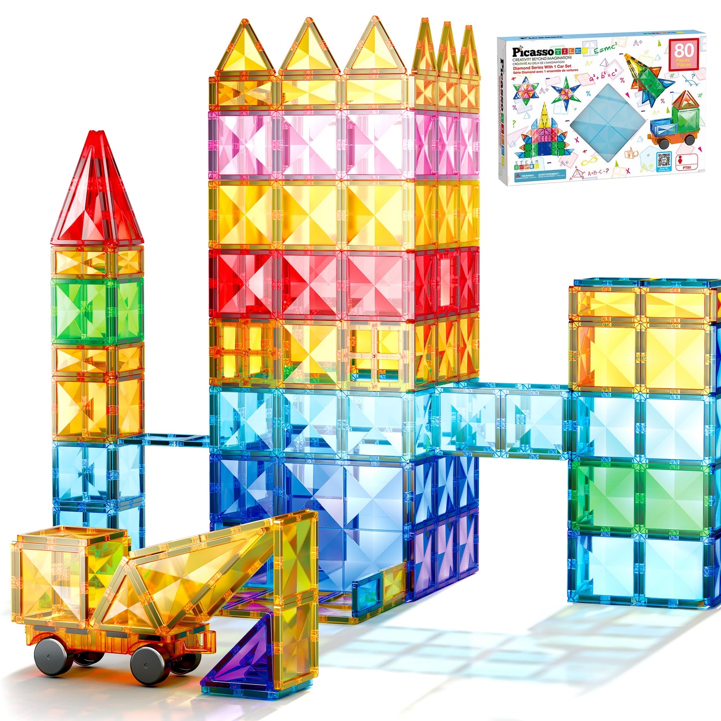 PicassoTiles 80 Pcs Magnetic Building Tiles Magnet Building Block Toys W/Car Diamond Educational Construction Playset Toy for STEM Sensory Gifts Kid Brain Development Stacking Blocks Construction Set