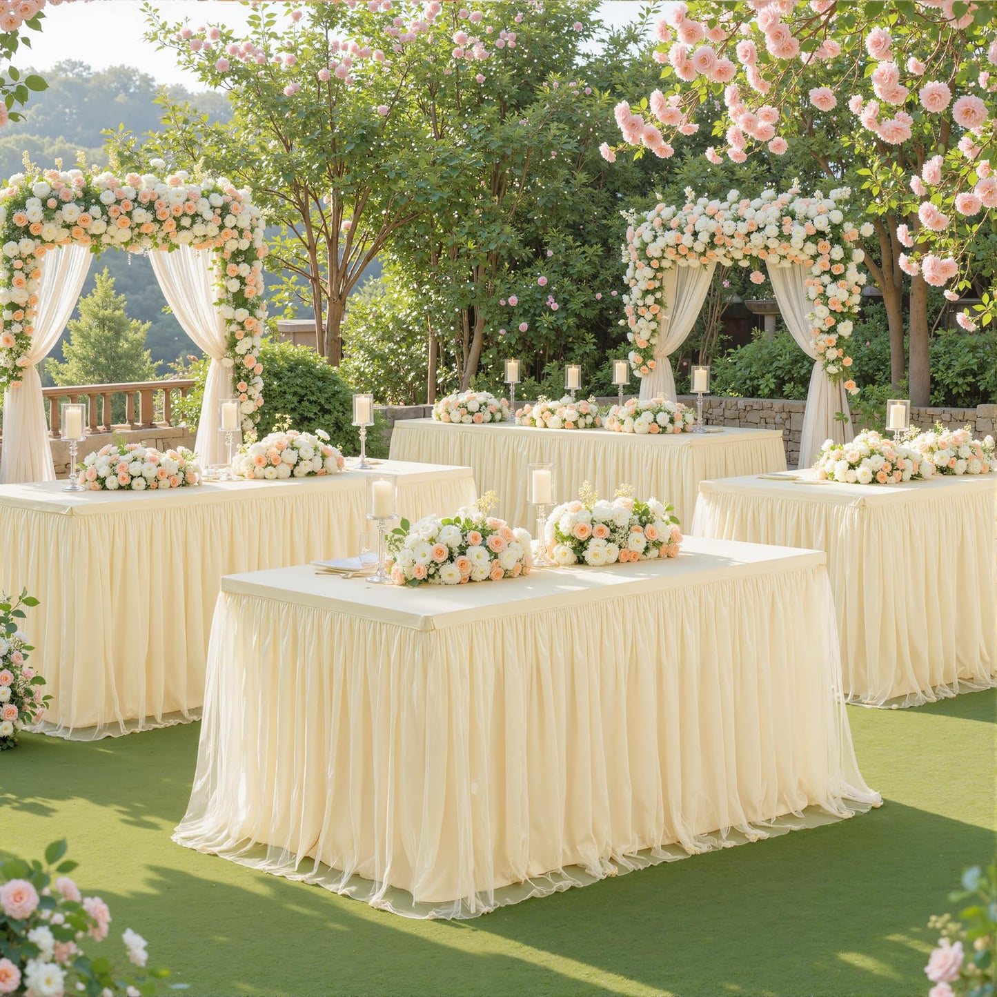 6ft Champagne Table Cloths Rectangle Tulle Tablecloth Fitted Champagne Tablecloths for 6 foot Rectangle Tables Spandex Table Covers for Parties Wedding Birthday Buffet Banquet Desk Tables Skirt
