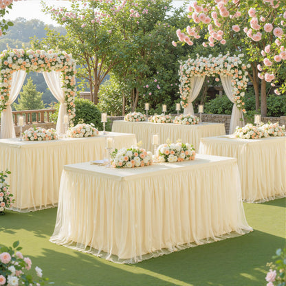 6ft Champagne Tulle Tablecloths for Rectangle Tables Stretch Rectangular Table Cloths Wrinkle Free 6 Foot Spandex Table Cover with Tutu Skirt for Wedding Birthday Party Banquet Buffet Cake Desk Skirt
