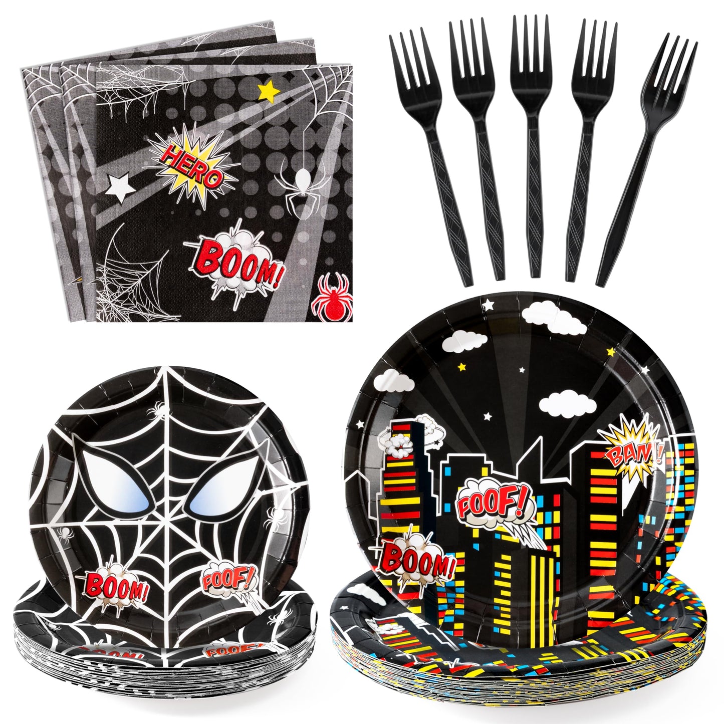 Andi Cppss Black Spider Birthday Party Supplies - 96PCS Black Spider Birthday Party Plates and Napkins Forks Disposable Tableware Birthday Parties Table Dinnerware Baby Shower Plates Serve 24 Guests