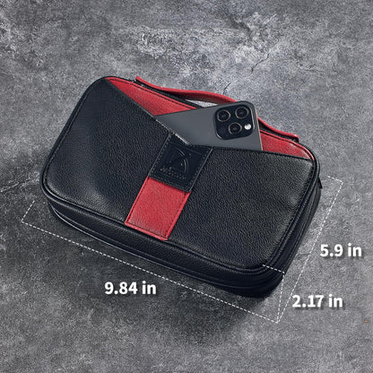 68 Degrees Leather Travel Case – Red Portable Organizer with 3 Accessory Pockets, Full Grain Hard Shell, Zipper, Gift Pouch for Men