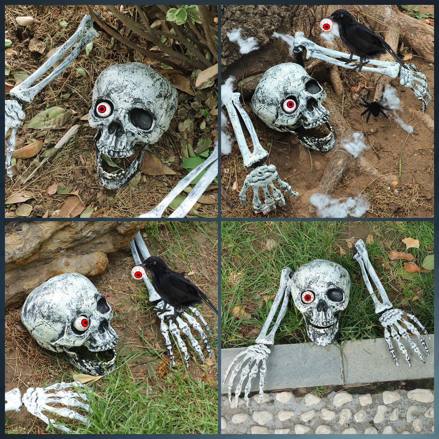 Skeletons Halloween Decorations Outdoor, Realistic Skeleton Hands and Head with Crow and Red Eyes for Graveyard Yard Lawn Garden Decoration