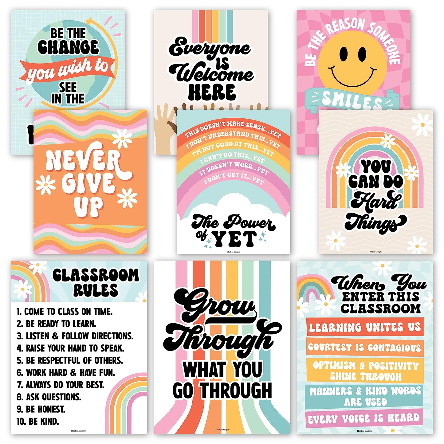 Hadley Designs Motivational Poster for Classroom Decor - 9 Growth Mindset Classroom Posters Elementary, Inspirational Wall Decor Middle School, Teacher Must Haves, Retro Bulletin Board Decorations