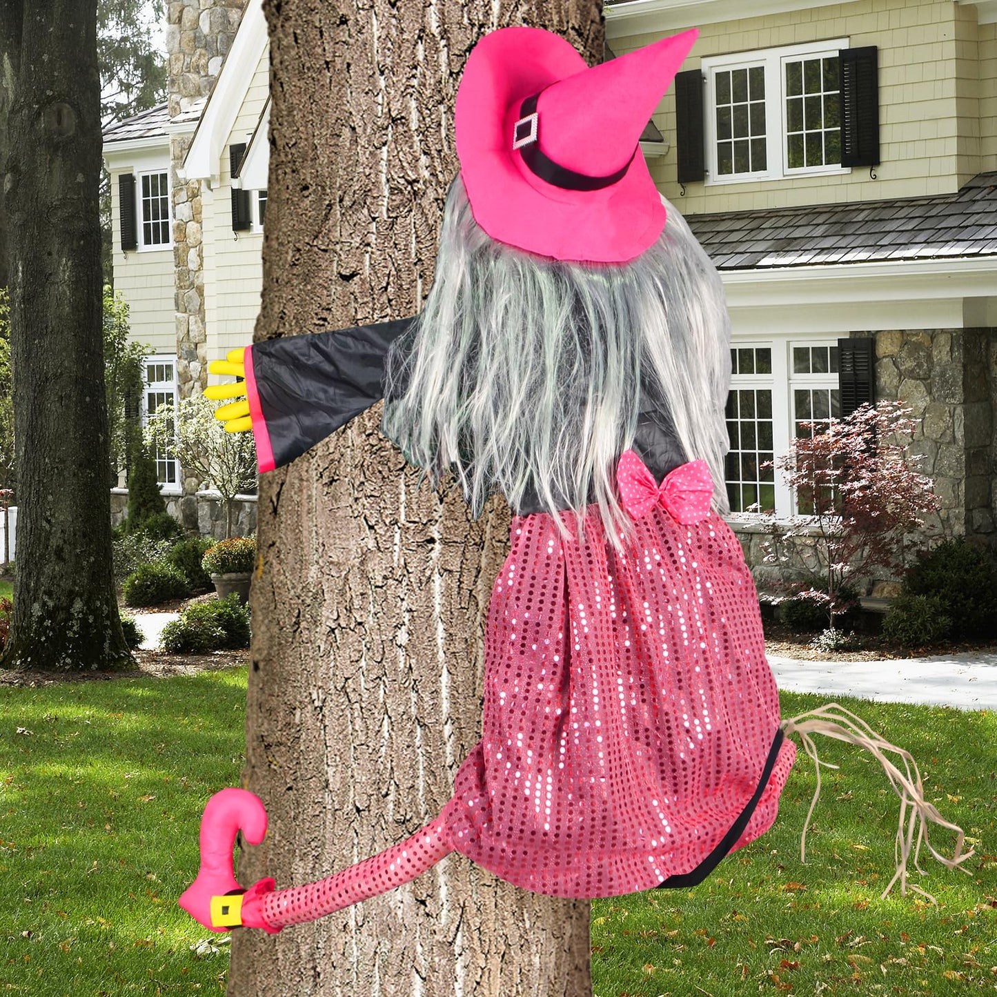 Mewcooss 67" Large Crashing Witch Halloween Decor - Pink Witch Halloween Decor Crashing into Tree Props Halloweens Flying Witches Decoration with Broom for Outdoor Backyard Garden & Lawn