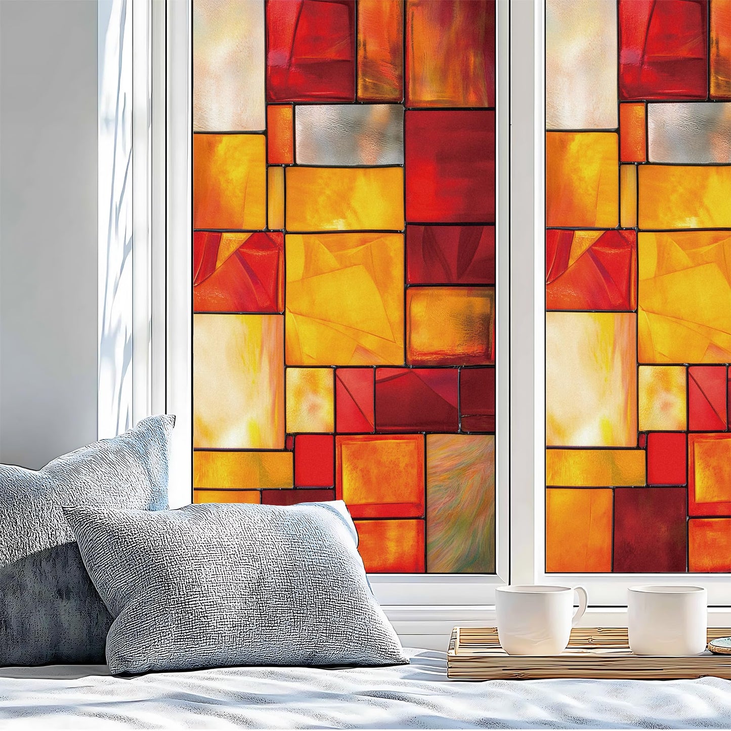 AOHMPT Stained Glass Window Privacy Film Static Cling - Rainbow Glass Decorative Sun Blocking Window Covering, Non-Adhesive Removable Stickers for Home & Office, 17.5" x 39.3"