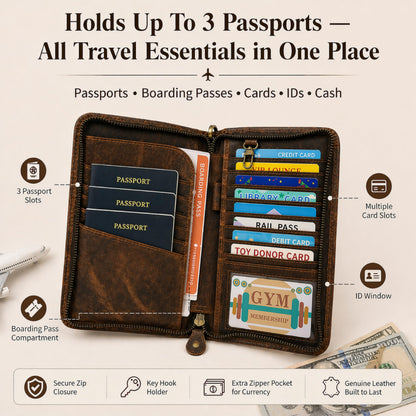 TheAntiq Brown Leather Family Passport Holder - Travel Document Organizer Wallet with Card Slots ID Window Zipper Closure for Multi Passport Storage Travel Use, 5 x 9