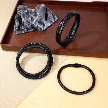 SOMEITIA 3Pcs Genuine Italian Braided Leather for Men Women Leather Wrist Cuff Bracelets Black Brown Stainless Steel Clasp Wrap Wristband Black 7.5 Inch