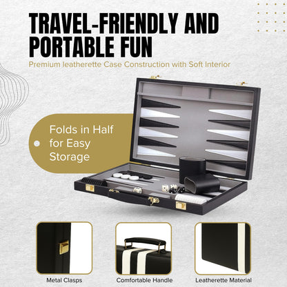 Crazy Games Premium 18 Inches Large Black - Backgammon Sets for Adults and Kids - Leatherette Back Gammon Board Game Set - Travel Backgammon Set Board Encased with Accessories