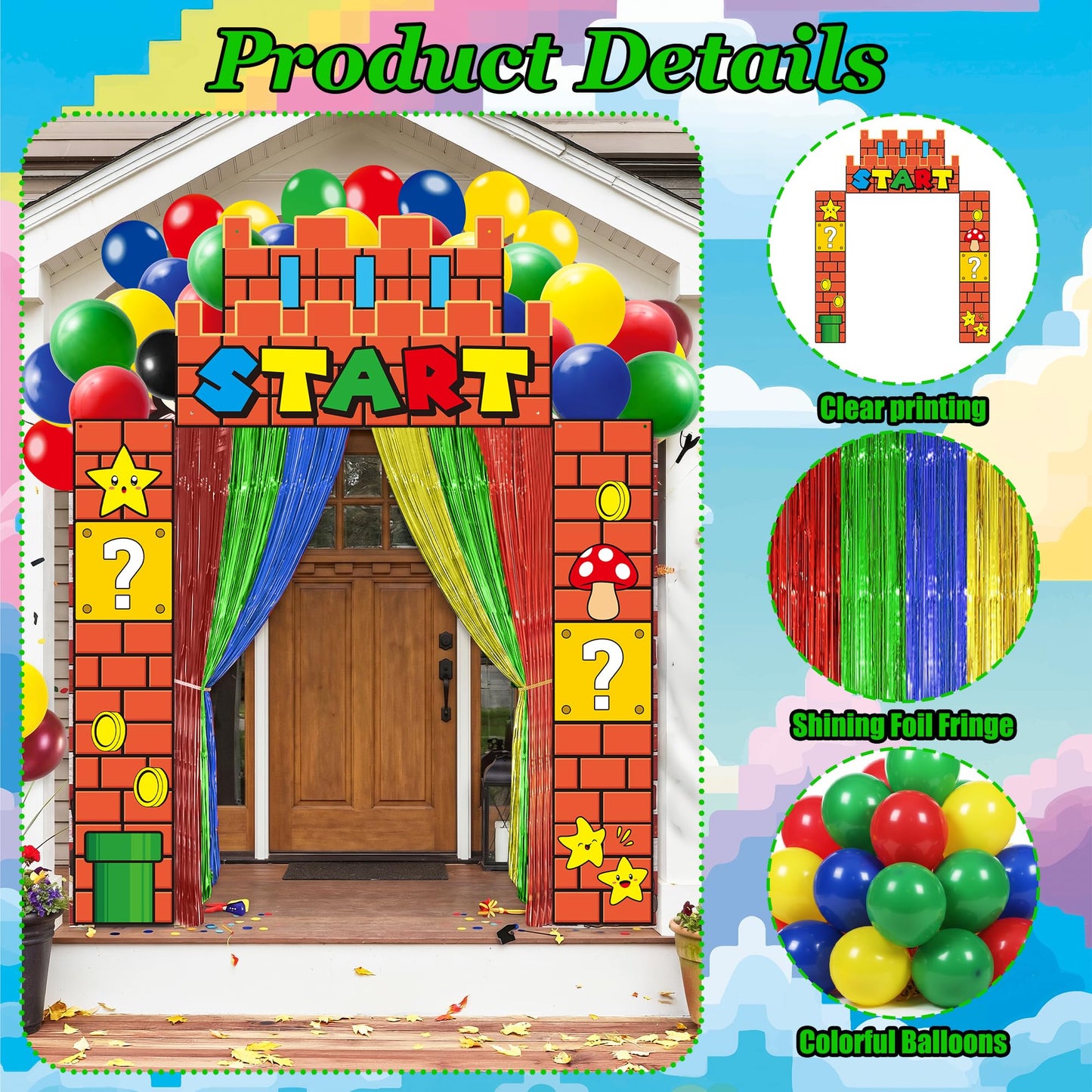 JewGewenil Super Adventure Theme Party Banners - 25Pcs Red Green Blue Yellow Foil Fringe Backdrop Curtains and Balloon Decoration Set, Magic Inspired Design for Classroom Birthday Photo Booth (Start)