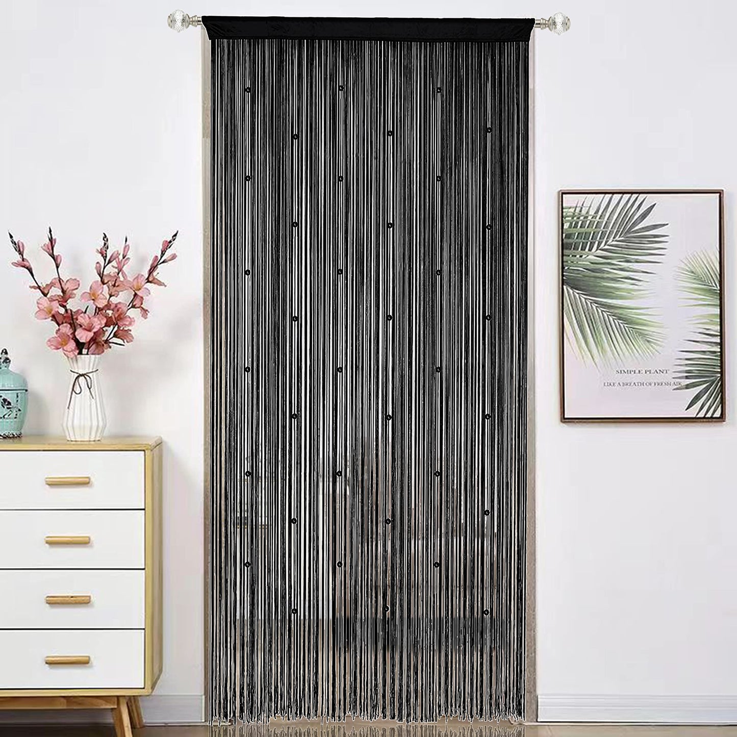 HSYLYM Beaded Curtain Beads Door String Curtains Ideal for Living Room Decor Wall Hanging Fringe Doorway Divider Bedroom Backdrop Hippie Window Closet Privacy Rod Pocket Dense (100x200cm,Black)