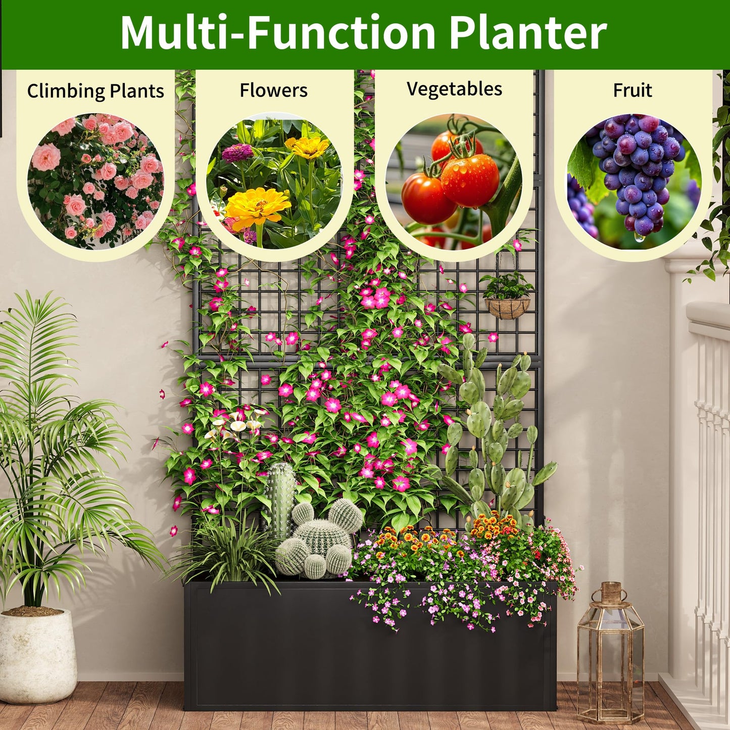 Privacy Planters for Patio – Metal Raised Garden Bed with Trellis and Privacy Screen, 71" x 35" x 16" Planter Box with Drainage Holes for Climbing Plants, Vegetables, and Vines, Outdoor Backyard Black