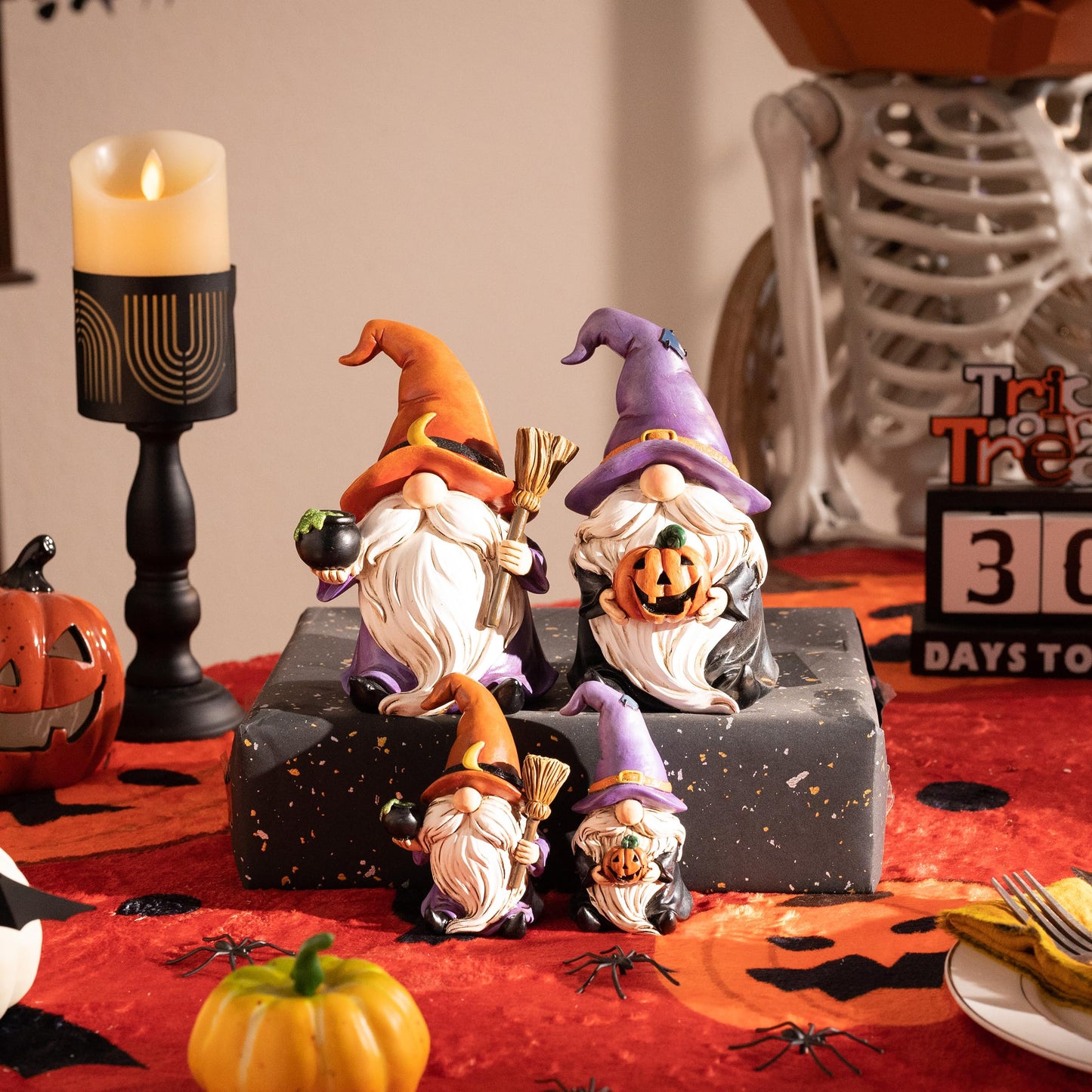 Valery Madelyn Gnomes Halloween Decorations Indoor, 2 Pcs Resin Gnome Decor for Home with Witch Hat Broom Jack O Lantern Moon, Halloween Figurines Elf Dwarf for Table Tiered Tray Outdoor, 3.6"
