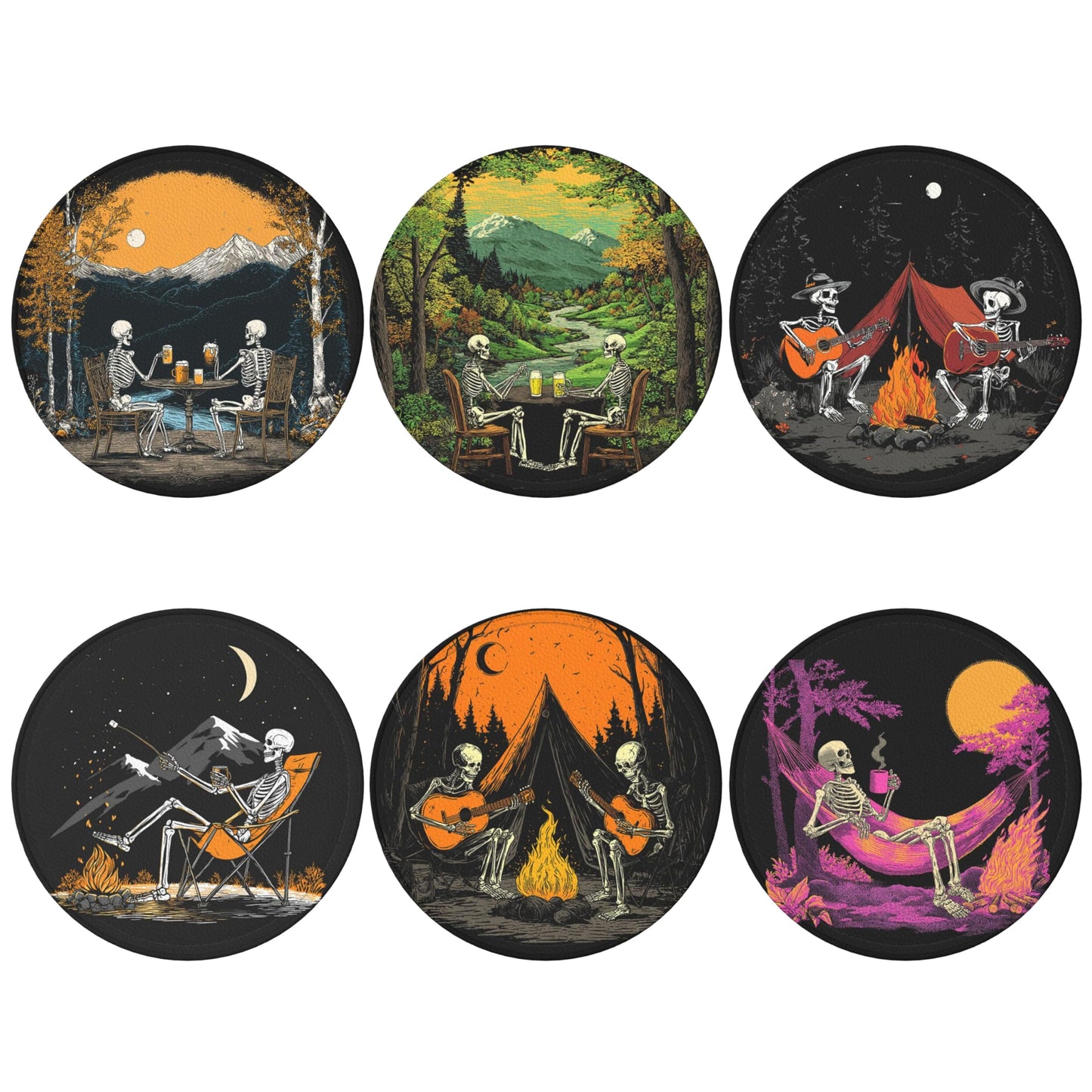 Halloween Skull Coasters Leather Round Drink Coasters 6 Pcs Set with Holderor for Cup Drink Coffee Table Bar Home Decor