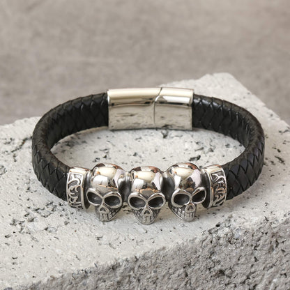 HAQUIL Gothic Punk Triple Skull Leather Wristband Cuff Bracelet. Goth Skull Jewelry Gift for Men