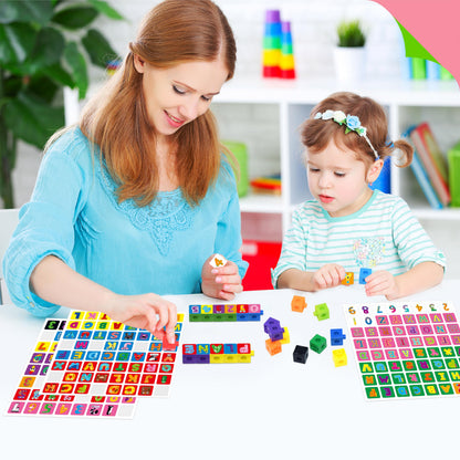 100 Math Linking Cubes, Math Cubes with 384 Reusable Stickers-Letters, Numbers, Shapes, Manipulative Geometric Connecting and Counting Blocks, Educational Toy for Kids Math Learning and Fun Activities