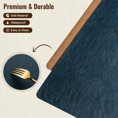 Placemats Set of 6, DOLOPL Reversible Dual-Color Faux Leather Place Mats 17"x11.8"– Waterproof, Heat Resistant, Washable & Wipeable, Luxury Retro Style for Kitchen, Dining Table (Camel/Navy Blue)
