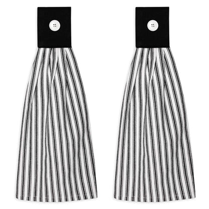Cackleberry Home Black and White Ticking Stripe Hanging Kitchen Dish Hand Towel Cotton with Button Accent, Set of 2