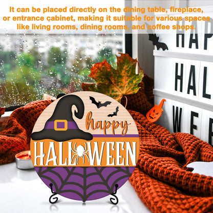 Seclate Halloween Desk Decorations for Home, Witch Hat Wooden Table Centerpieces for Office Living Room Shelf Decor, Spider Web Gifts for Women Friends - E07
