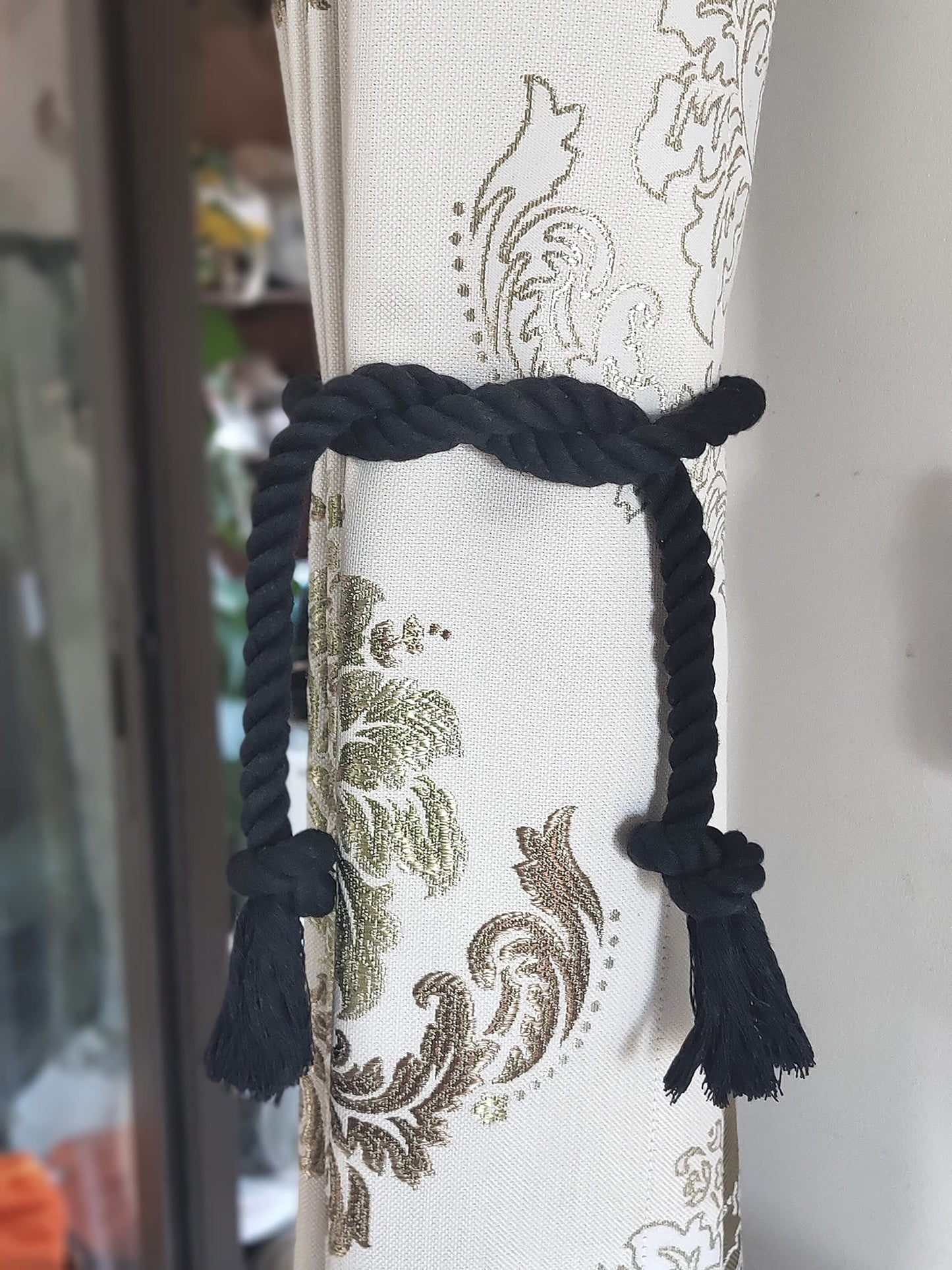 Yteseery 6 Pack Curtain Ties Rope, Outdoor Curtain Tiebacks for Patio Gazebo Pergola Cabana, Natural Cotton Curtain Holders, Village Rural Rustic Farmhouse Curtain Holdbacks for Drapery, Black