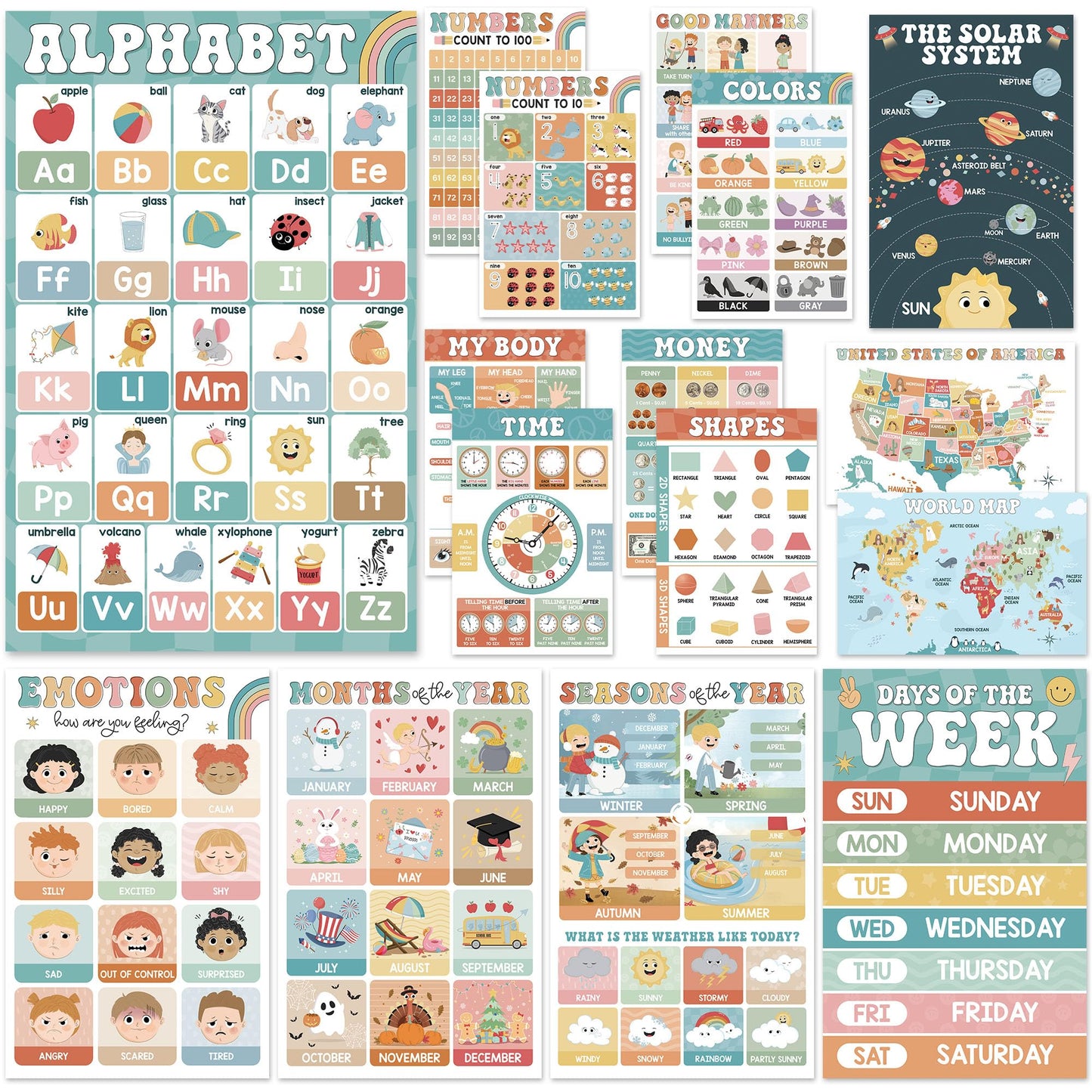 BEAWART 16 Boho Groovy Educational Posters - Alphabet ABC Poster, World Map - Laminated Learning Poster Charts for Classroom Decor - Homeschool and Classroom Wall Decoration