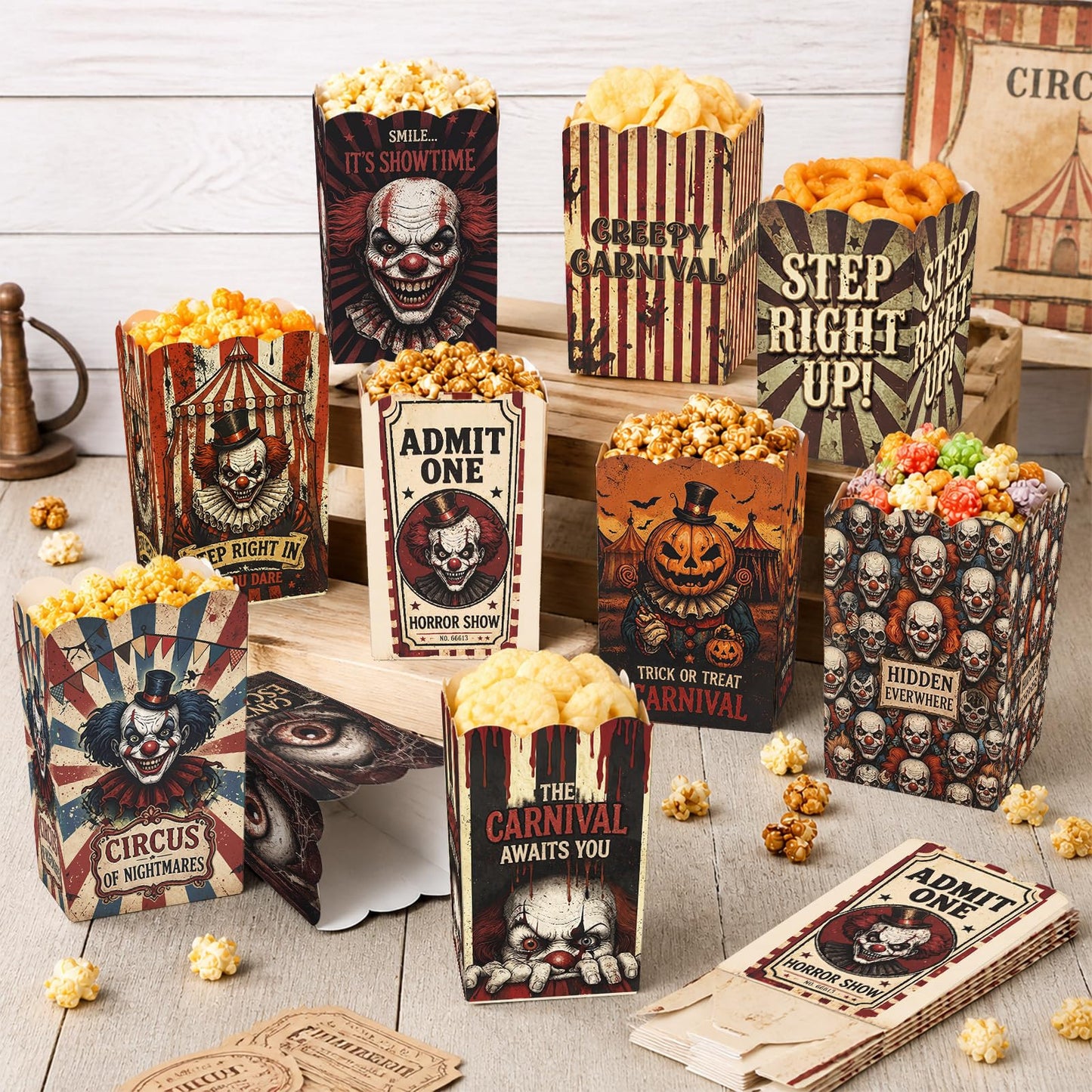 100 Pcs 10 Styles Halloween Creepy Clown Popcorn Boxes Cardboard Popcorn Bags Snack Boxes Spooky Treat Bags for Candy Biscuits Party Favors Halloween Movie Night Supplies Party Supplies