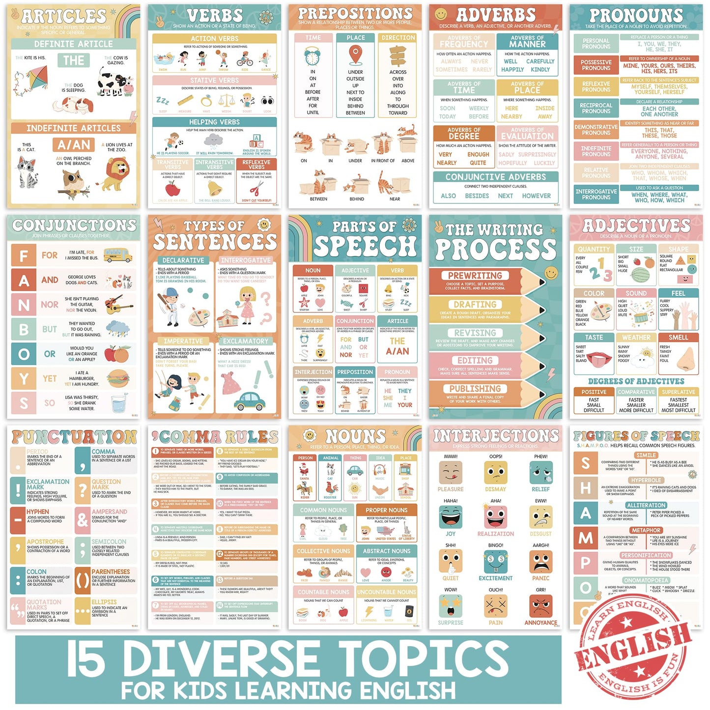 15 Pcs Boho Groovy Parts Of Speech Posters For Classroom, Back To School English Grammar Chart, ELA Middle School Wall Art, Laminated Educational - Nouns, Pronouns, Writing Process, Type of Sentences