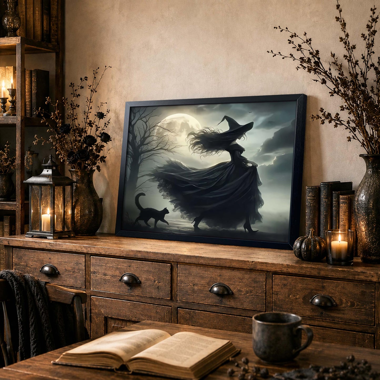 wanyun Dark Witch Wall Art Canvas Framed Poster Print Picture, Gothic Moonlight Witch Artwork Oil Painting, Spooky Halloween Horror Wall Decor for Bedroom Living Room Home Office Decor 16x24 Inch