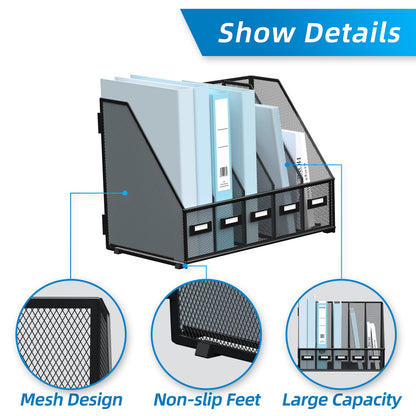 SUPEASY Desk Organizers Metal Desk Magazine File Holder with 5 Vertical Compartments Rack File Organizer for Office Desktop, Classroom, Home Workspace, Black
