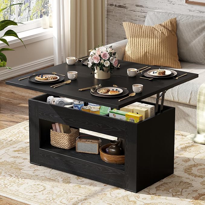 UNIQUITE 40" Lift Top Coffee Table, 4 in 1 Multi-Function Lift Coffee Tables with Storage and Hidden Compartment, Convertible Coffee Table to Dining Table for Living Room, Black