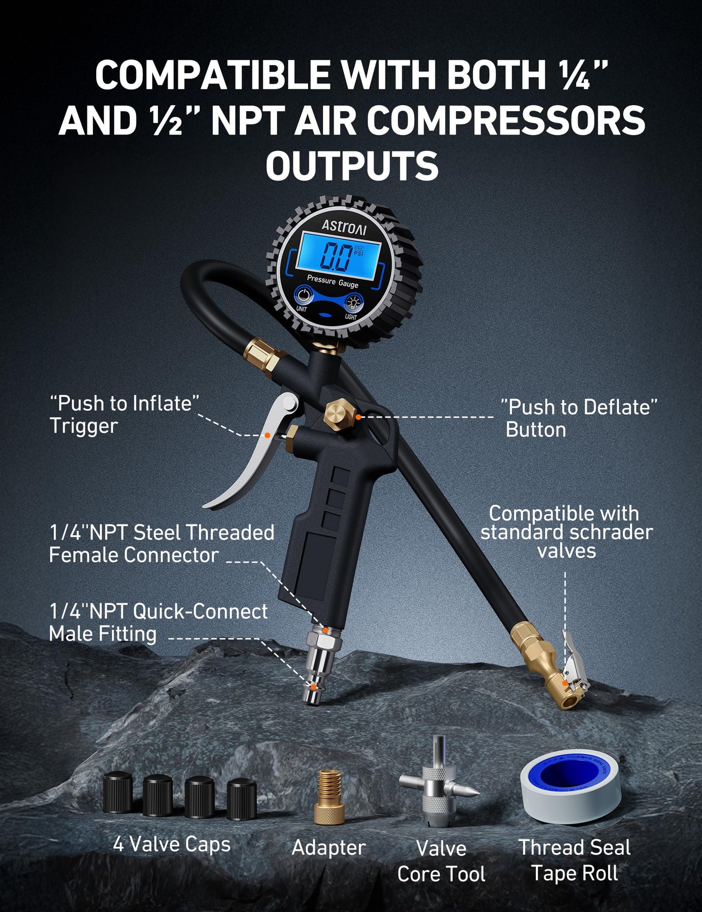 AstroAI Digital Tire Pressure Gauge with Inflator, 3-250 PSI Air Chuck & Compressor Accessories Heavy Duty with Quick Connect Coupler, 0.1 Display Resolution, 1pack