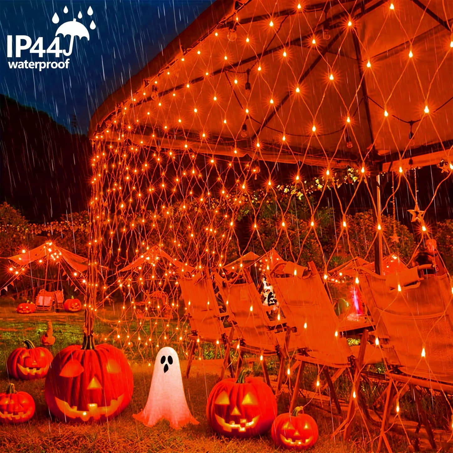 YEGUO Orange Halloween Lights, 12ft x 5ft 360 LED Net Lights Outdoor Mesh Lights, 8 Modes Clear Wire Christmas Bush Light Plug in
