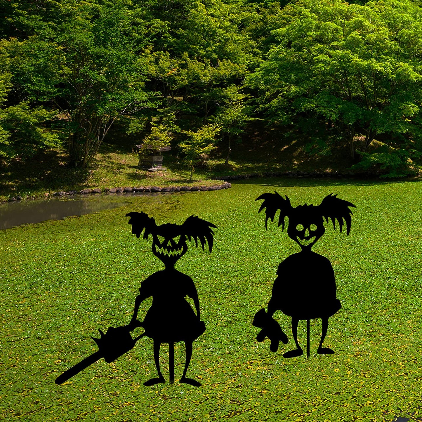 RSTYS 4Pcs Halloween Yard Decor, Black Metal Garden Outdoor Statues Garden Stakes Handicrafts Ghost Zombie Girl Station Halloween Garden Silhouette for Yard Lawn Ornaments Decor