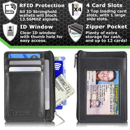 ID Stronghold RFID Front Pocket Wallet Mini Minimalist Wallet Slim Wallet Genuine Leather with Zipper, Small Black